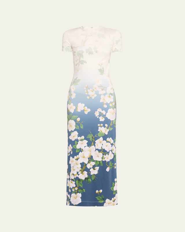 Short-Sleeve Cherry Blossom Jersey Ankle Dress